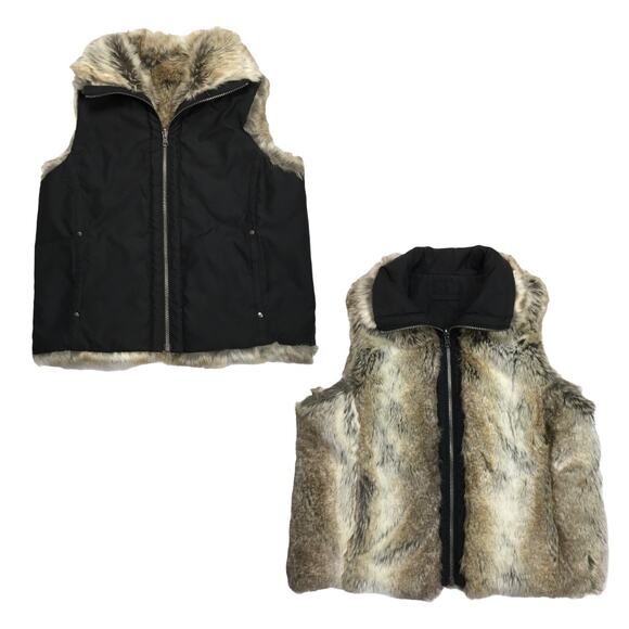 Weatherproof Vest Reversible Faux Fur Outerwear Women's Medium Black Brown Zip - Picture 1 of 12